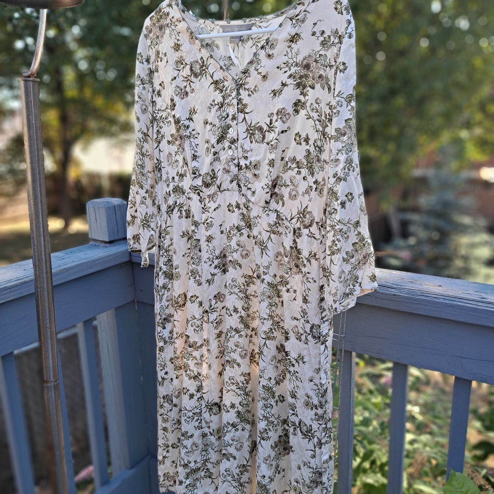 April Cornell Green and Cream Ivory Floral Dress Size Small Romance Feminine